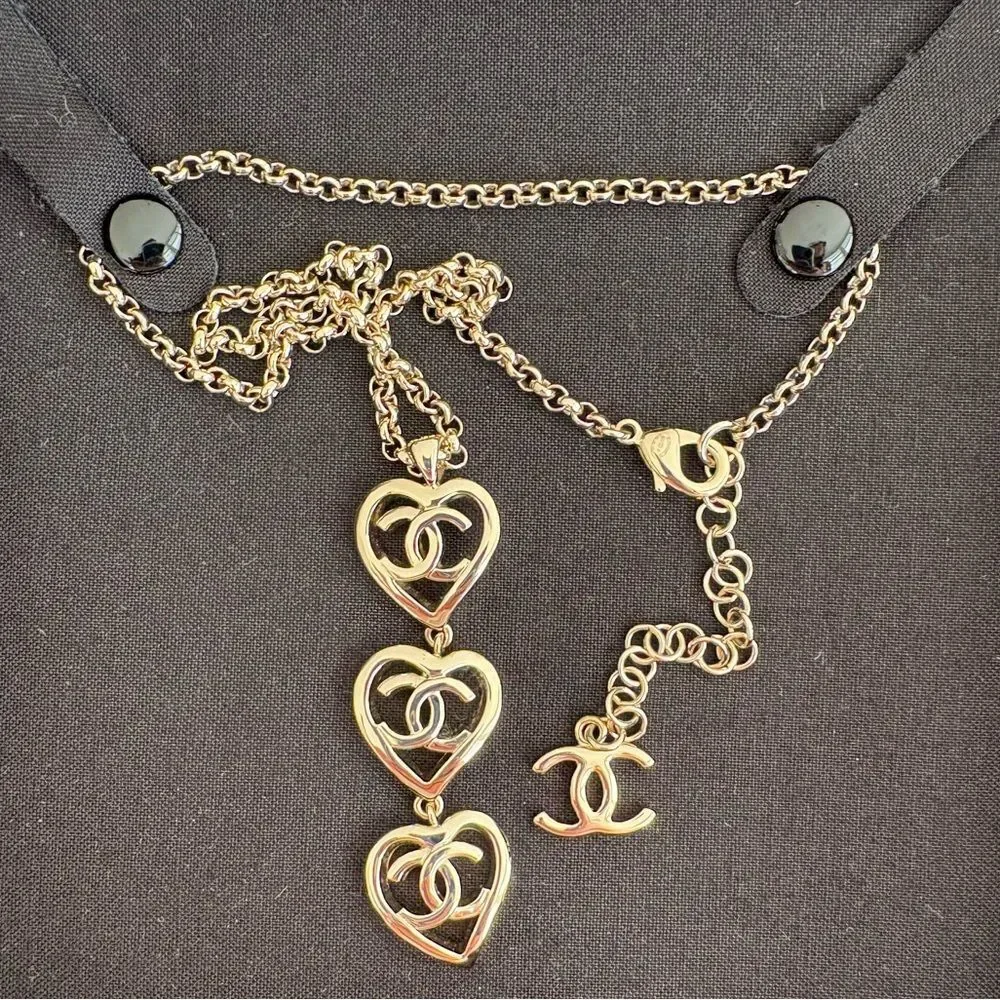 CHANEL Triple Gold Open Heart Necklace, Authentic